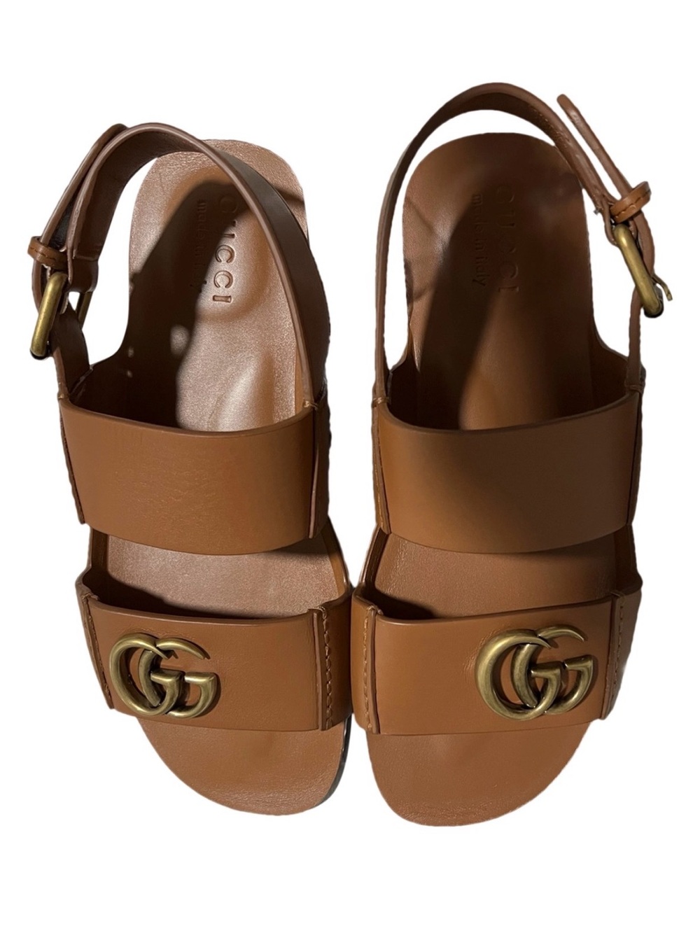 Gucci Tan Leather Double-Strap Sandals with Gold GG Logo